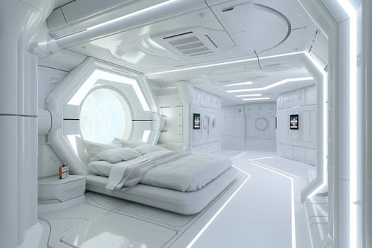 futuristic clean white space station style interior of bedroom. Neural network generated image. Not based on any actual scene or pattern.