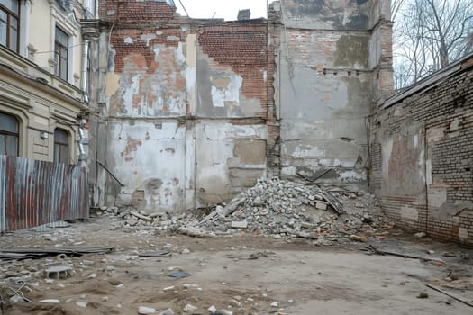 Ruined houses street after war. Neural network generated image. Not based on any actual scene or pattern.