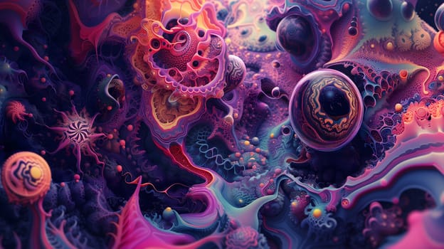 Saturated colorful mad abstract background, random different shapes and objects, hallucinations of ancient shaman after mushroom overdose. Neural network generated image. Not based on any actual scene or pattern.