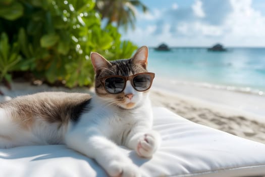 happy domestic cat with sunglasses laid on tropical beach, vacation theme. Neural network generated image. Not based on any actual person or scene.