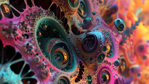 Saturated colorful mad abstract background, random different shapes and objects, hallucinations of ancient shaman after mushroom overdose. Neural network generated image. Not based on any actual scene or pattern.