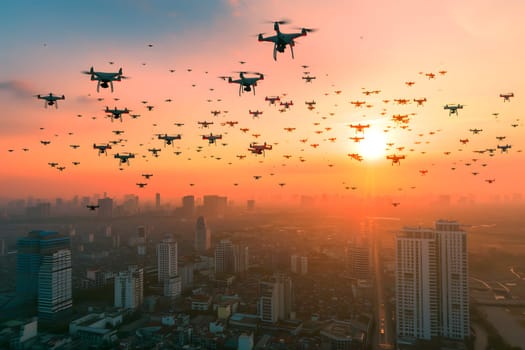 swarm of drones over city at summer sunset or sunrise. Neural network generated image. Not based on any actual scene or pattern.
