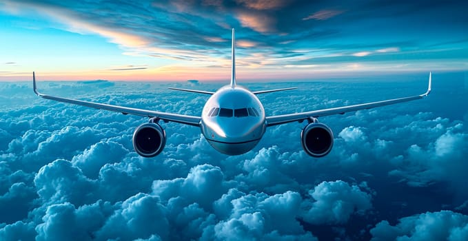 A commercial civil aircraft flies above the clouds in the bright sun. Travel and transport concept AI generated image