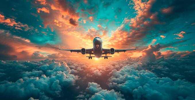 A commercial civil aircraft flies above the clouds in the bright sun. Travel and transport concept AI generated image