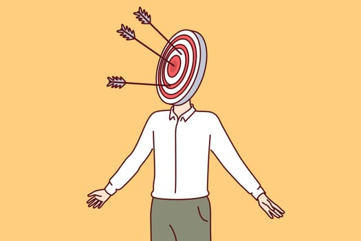 Man with target on head symbolizes targeted marketing and importance of having portrait of potential client when planning. Guy in business suit is goal of targeted advertising or promotion