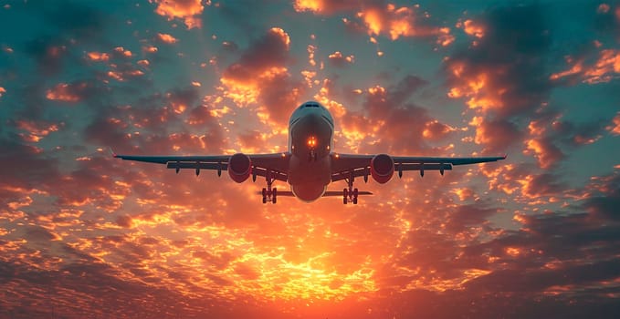 A commercial civil aircraft flies above the clouds in the bright sun. Travel and transport concept AI generated image