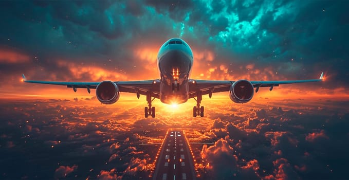 A commercial civil aircraft takes off from the runway at the airport. Travel and transport concept AI generated image