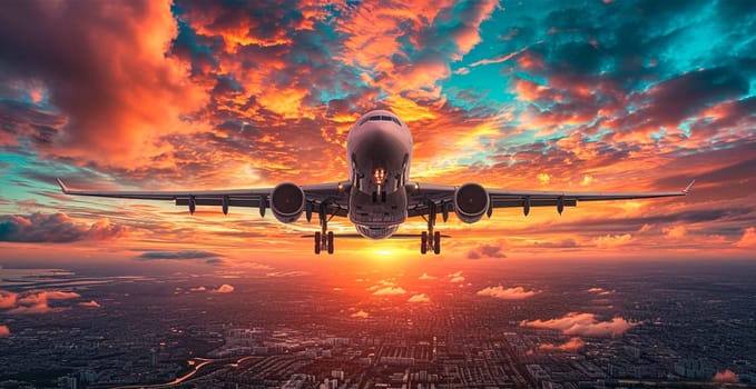 A commercial civil aircraft takes off from the runway at the airport. Travel and transport concept AI generated image