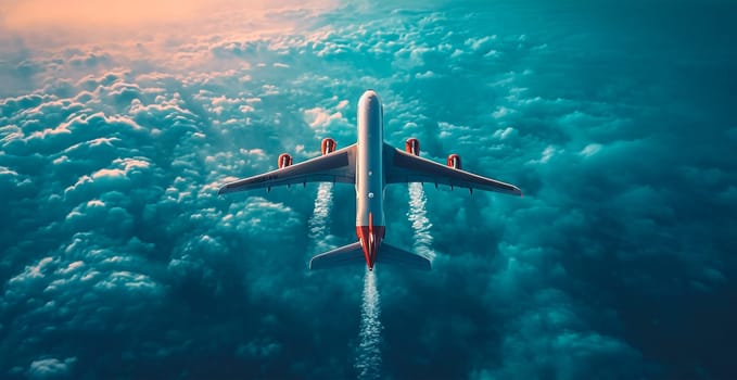 A commercial civil aircraft flies above the clouds in the bright sun. Travel and transport concept AI generated image