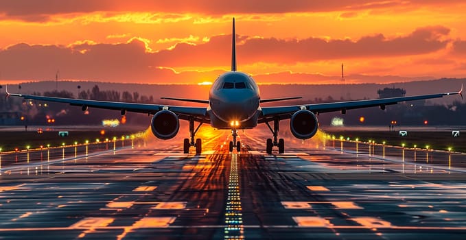 A commercial civil aircraft lands on the runway at the airport. Travel and transport concept AI generated image