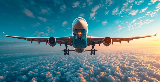 A commercial civil aircraft flies above the clouds in the bright sun. Travel and transport concept AI generated image