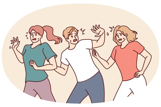 People flee in panic after hearing alarm signal and call for evacuation due start of earthquake. Frightened people in horror try to hide for concept of life threat and uncontrollable phobia