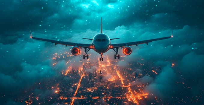 A commercial civil aircraft takes off from the runway at the airport. Travel and transport concept AI generated image
