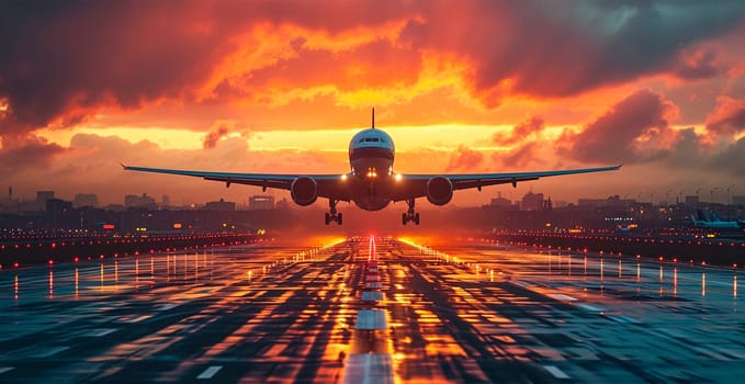 A commercial civil aircraft lands on the runway at the airport. Travel and transport concept AI generated image