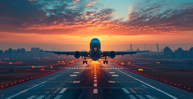 A commercial civil aircraft lands on the runway at the airport. Travel and transport concept AI generated image