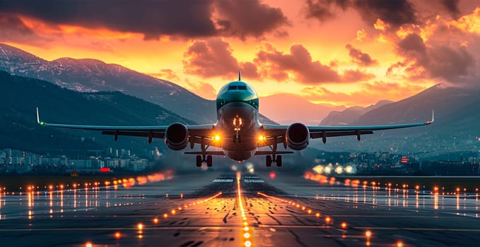 A commercial civil aircraft lands on the runway at the airport. Travel and transport concept AI generated image