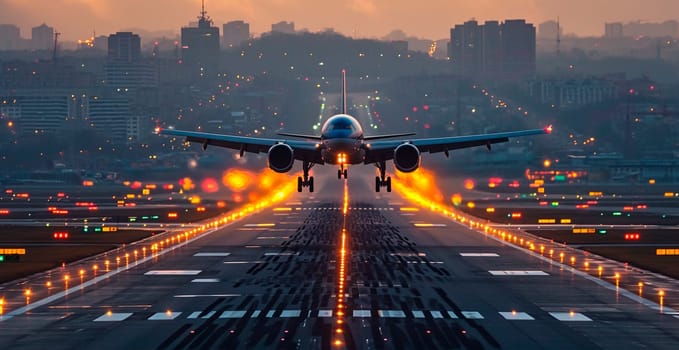 A commercial civil aircraft lands on the runway at the airport. Travel and transport concept AI generated image