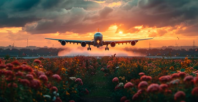 A commercial civil aircraft lands on the runway at the airport. Travel and transport concept AI generated image