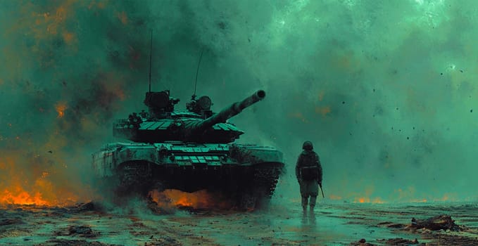 Military armored tank, soldier tanker on the battlefield, military conflict AI generated image