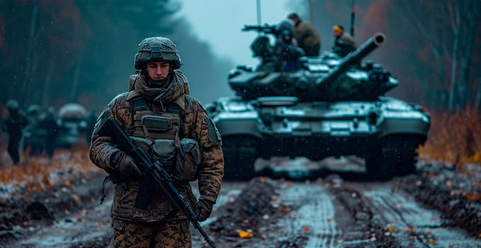 Military armored tank, soldier tanker on the battlefield, military conflict AI generated image