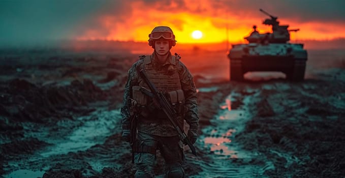 Military armored tank, soldier tanker on the battlefield, military conflict AI generated image