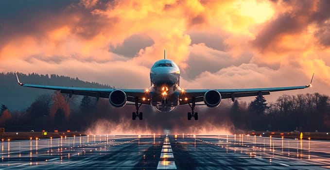 A commercial civil aircraft lands on the runway at the airport. Travel and transport concept AI generated image