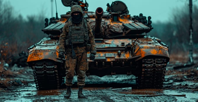 Military armored tank, soldier tanker on the battlefield, military conflict AI generated image