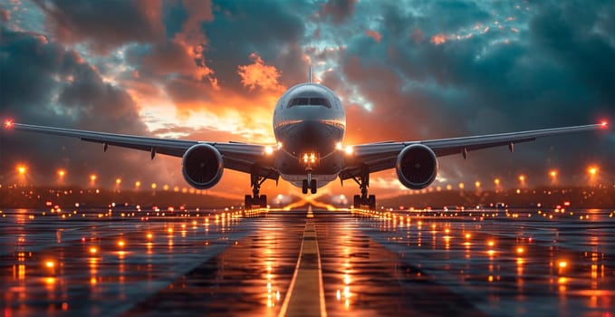 A commercial civil aircraft lands on the runway at the airport. Travel and transport concept AI generated image