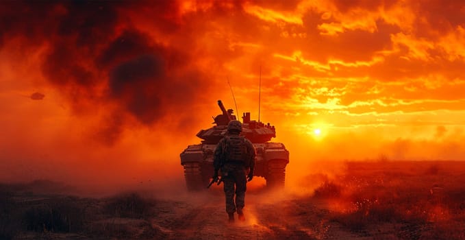 Military armored tank, soldier tanker on the battlefield, military conflict AI generated image