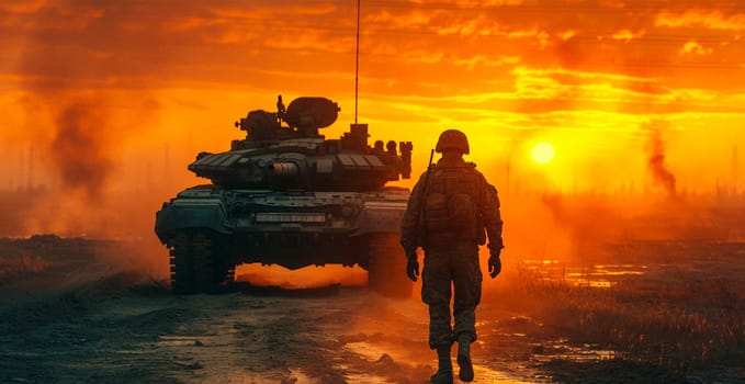 Military armored tank, soldier tanker on the battlefield, military conflict AI generated image