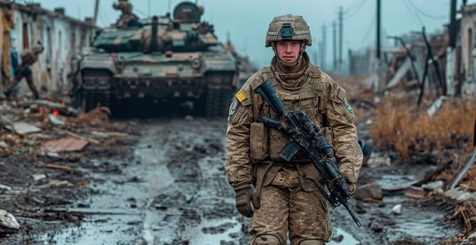 Military armored tank, soldier tanker on the battlefield, military conflict AI generated image