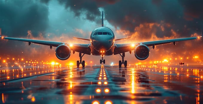 A commercial civil aircraft lands on the runway at the airport. Travel and transport concept AI generated image