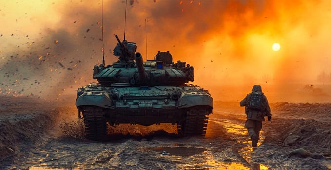 Military armored tank, soldier tanker on the battlefield, military conflict AI generated image