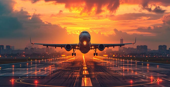 A commercial civil aircraft lands on the runway at the airport. Travel and transport concept AI generated image