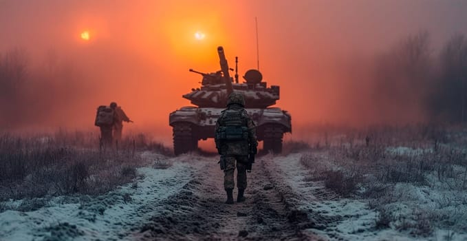 Military armored tank, soldier tanker on the battlefield, military conflict AI generated image