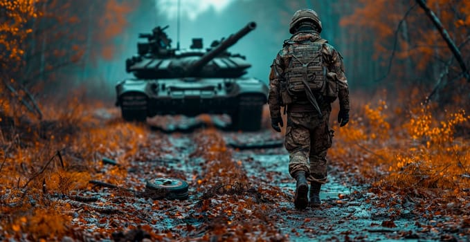 Military armored tank, soldier tanker on the battlefield, military conflict AI generated image