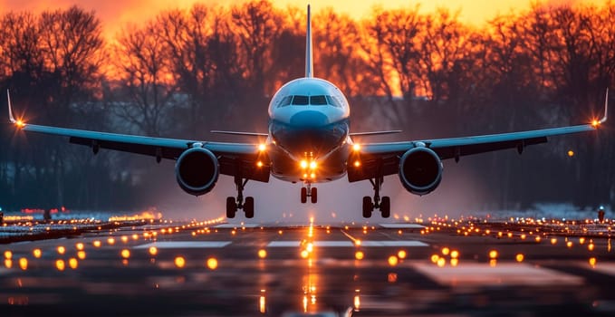 A commercial civil aircraft lands on the runway at the airport. Travel and transport concept AI generated image