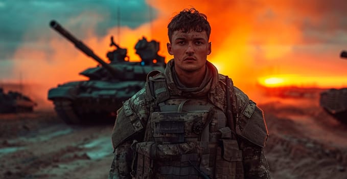 Military armored tank, soldier tanker on the battlefield, military conflict AI generated image