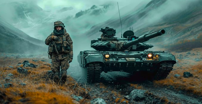 Military armored tank, soldier tanker on the battlefield, military conflict AI generated image