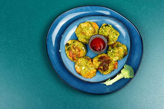 Vegan broccoli cutlets, vegetarian food. Cabbage cutlets. Flat lay.
