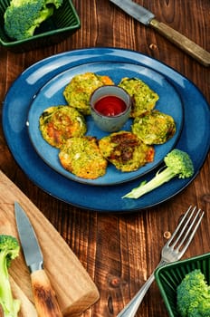 Vegan broccoli cutlets, vegetarian food. Cabbage cutlets. Flat lay.