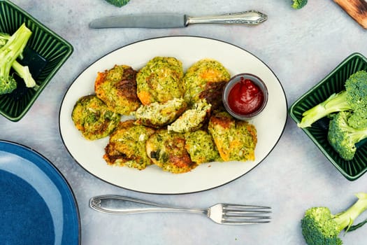 Vegan broccoli cutlets, vegetarian food. Cabbage cutlets. Flat lay.