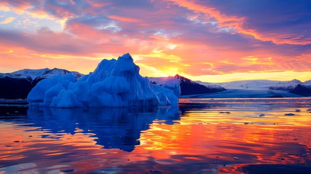 Beautiful iceberg reflecting in the water at sunset. AI generated
