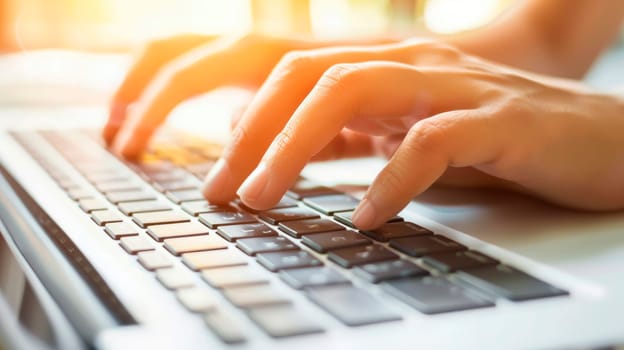 Person using laptop computer at office. Close up of  hands typing on laptop keyboard in office. Blogger, journalist writing new article. AI generated