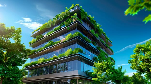 Eco-conscious architecture, modern office building with greenery integration. Sustainability in urban design. AI generated