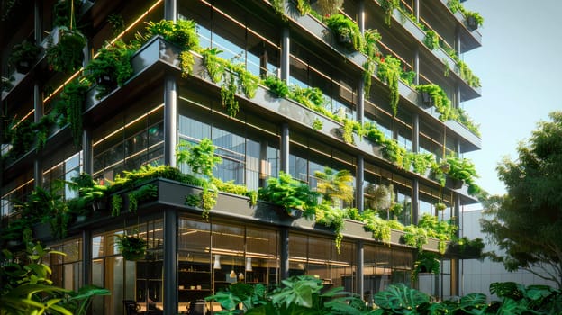 Eco architecture. Green skyscraper with greenery on the facade. Ecology and green living in city, urban environment concept. AI generated