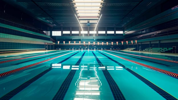 Swimming pool interior. Indoors swimming pool with blue water. Swimming pool for training. AI generated