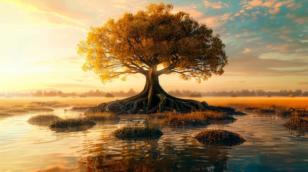 Mangrove tree with big roots system as tropical plant outline concept.International day for the conservation of the mangrove ecosystem concept. AI generated