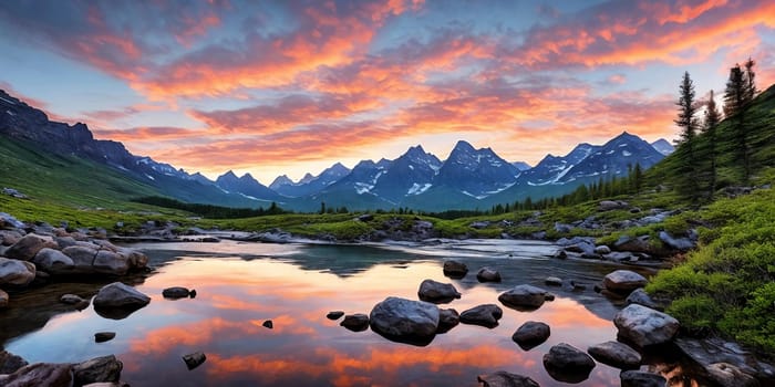 A breathtaking scene at dusk: a serene mountain forest by a glittering lake. Generative AI