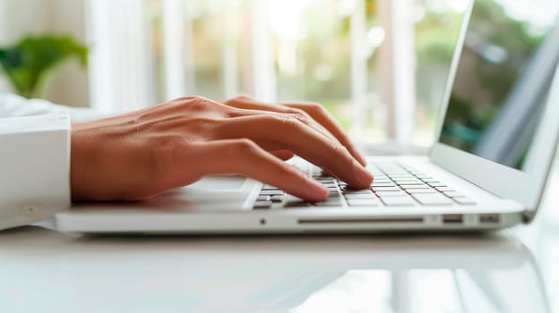 Person using laptop computer at office. Close up of  hands typing on laptop keyboard in office. Blogger, journalist writing new article. AI generated